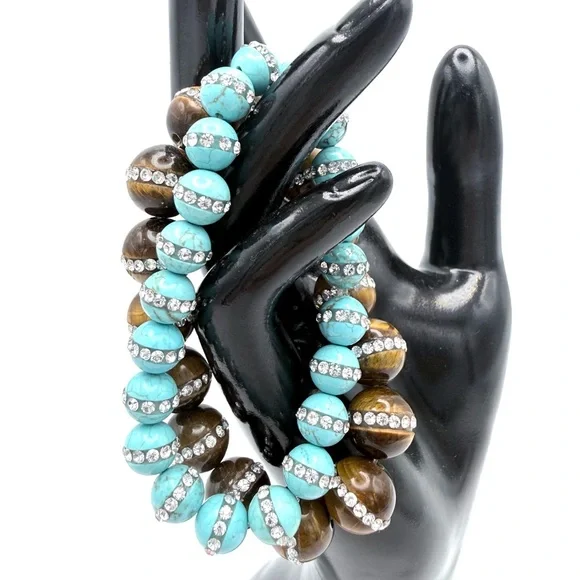 Turquoise Color & Tiger's Eye Bead Stretch Bracelets w/Banded Rhinestone Inlay - Picture 3 of 7